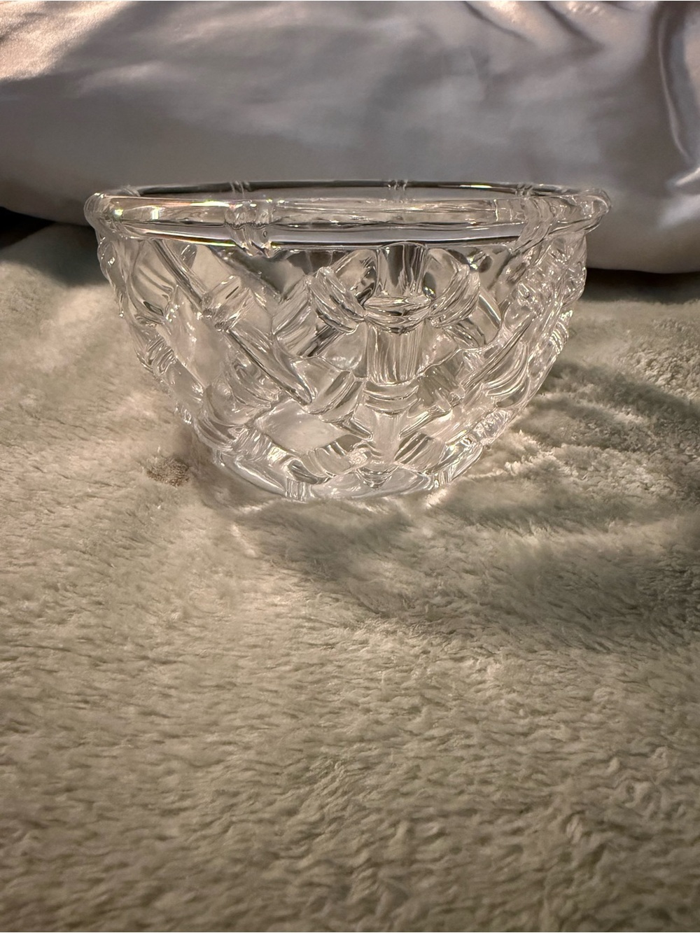 Tiffany & Co 6" x 4" Bamboo Basket Weave Lattice Pattern Crystal Bowl Heavy